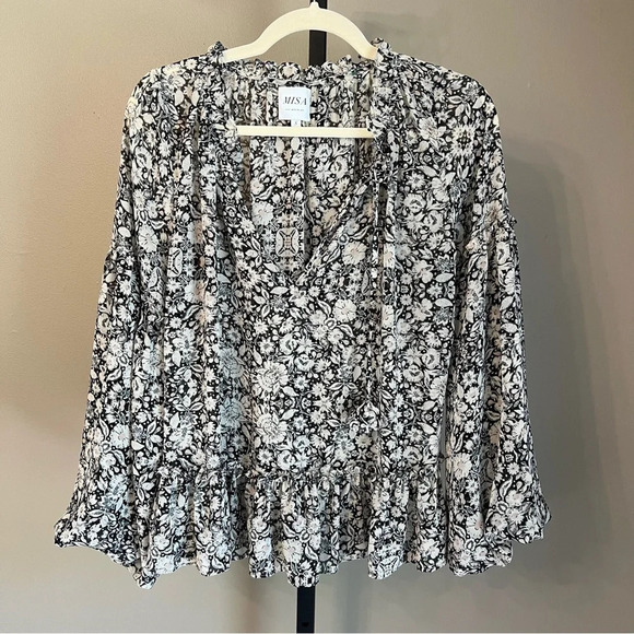 Misa Los Angeles Dominik Garden Floral Puff Long Sleeve Blouse Black White Small - Picture 1 of 4